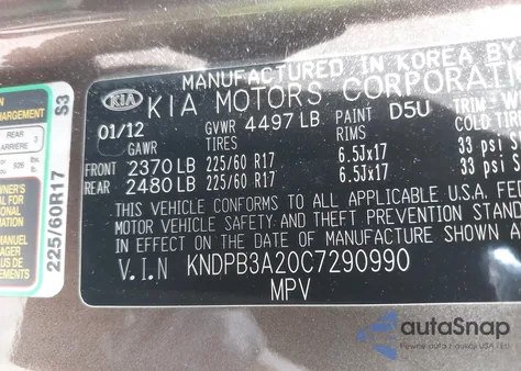 2012 Kia Sportage Lx из США, поврежденный, VIN KNDPB3A20C7290990